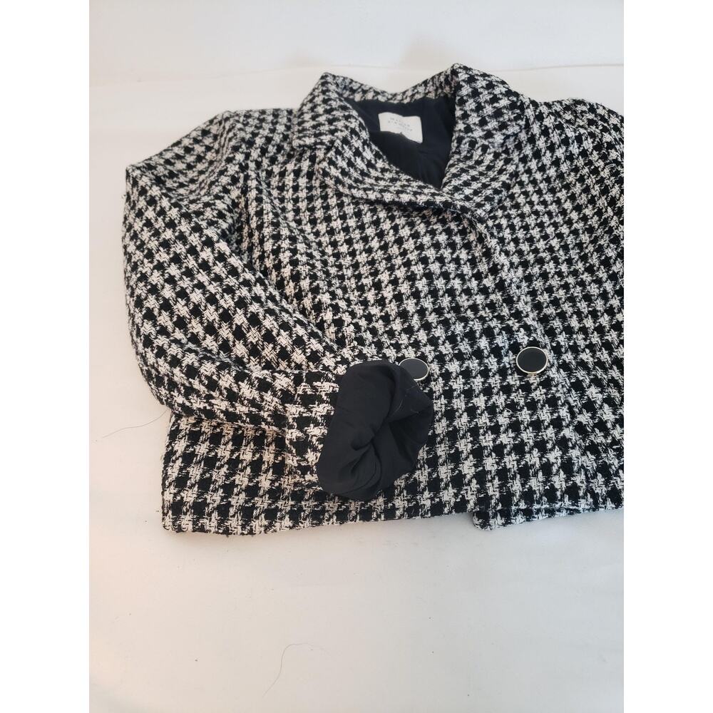 Vintage Blazer Suit Jacket Womens 12 Black White Houndstooth Cropped Tweed Paris - Picture 2 of 16